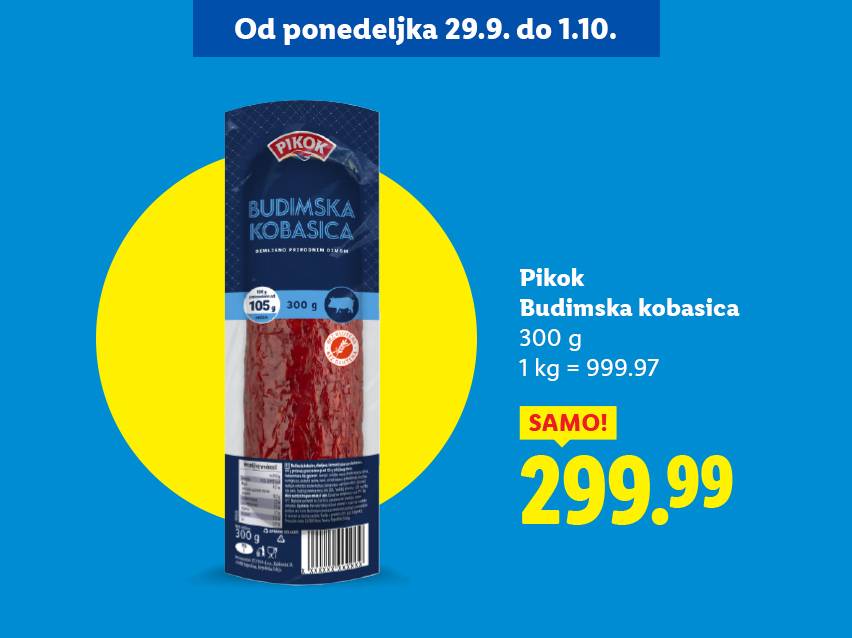 Pikok Budimska kobasica, 300g, po ceni od 299.99, važi od 29.9. do 1.10.