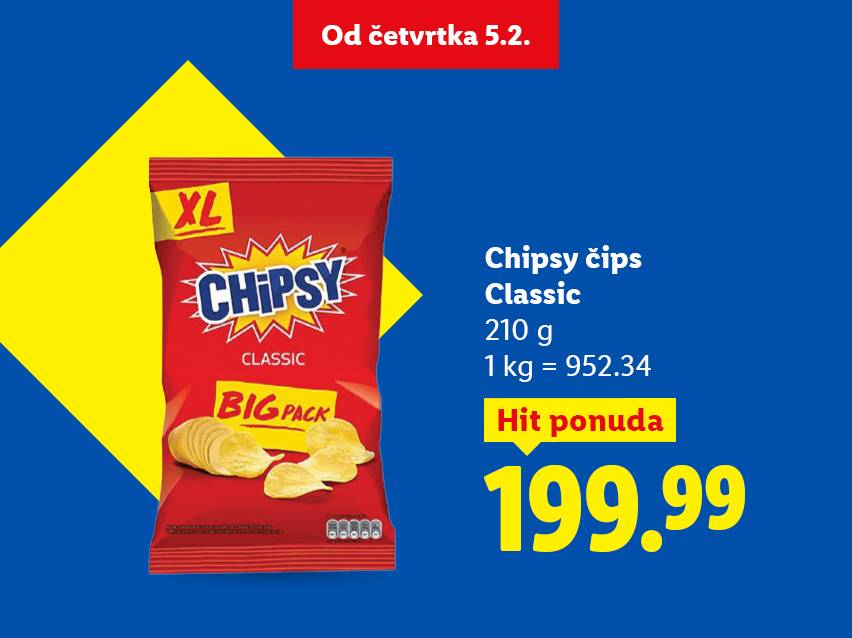 Reklama za čips u velikom pakovanju, sa cenom od 199.99 i informacijama o težini i ceni po kilogramu.