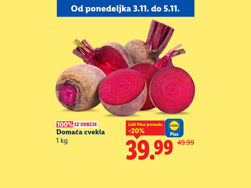Domaća cvekla iz Srbije, 1 kg, na akciji za 39.99 RSD uz Lidl Plus.