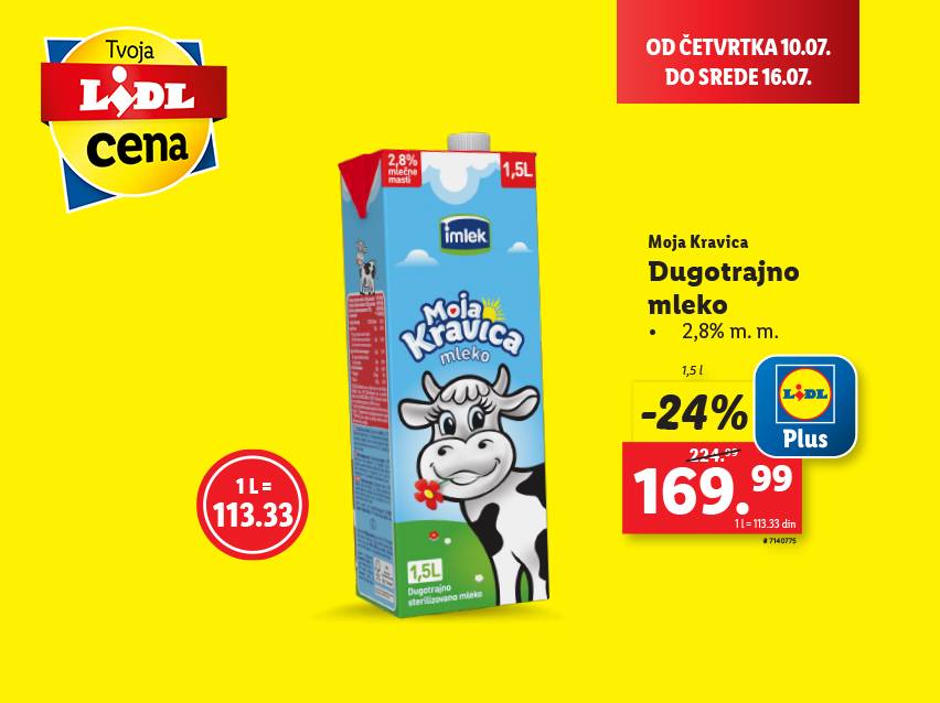 Lidl Plus akcija: Dugotrajno mleko Moja Kravica, 1,5l, sniženo 24%.