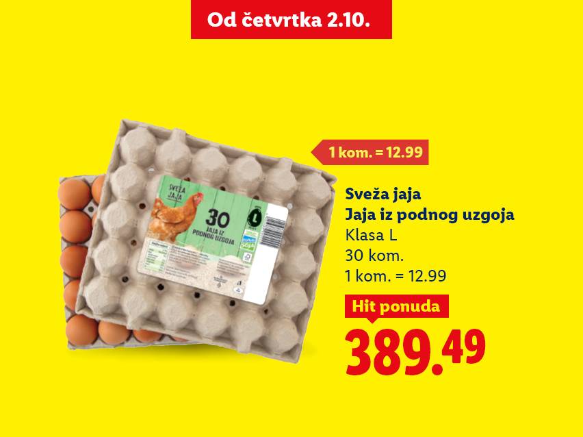 Pakovanje od 30 svežih jaja klase L iz podnog uzgoja, sa cenom od 389.49.