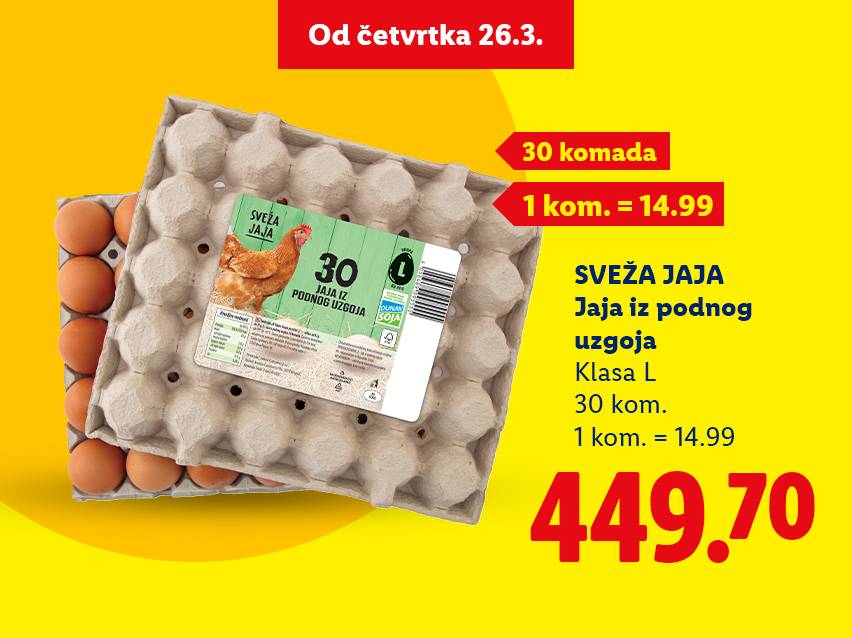 Pakovanje od 30 svežih jaja L klase iz podnog uzgoja, cena 449.70 dinara.