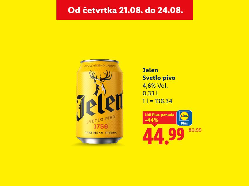 Reklama za Jelen svetlo pivo sa cenom od 44.99 i popustom od 44% uz Lidl Plus.
