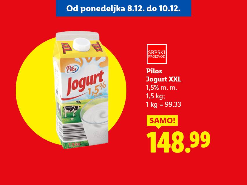 Pilos Jogurt XXL 1,5% m.m., 1,5 kg, 148.99 RSD, akcija od 8.12. do 10.12.