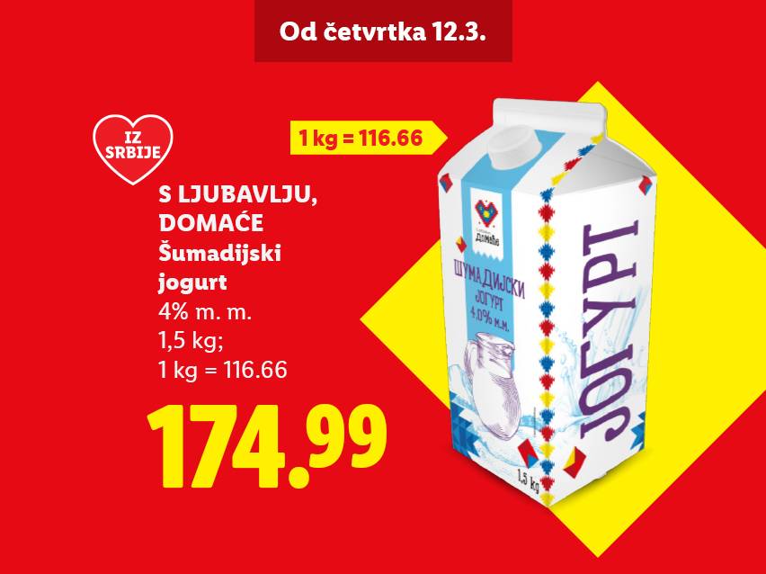 Reklama za šumadijski jogurt od 1,5 kg sa 4% mlečne masti, proizveden u Srbiji, po ceni od 174,99 dinara.