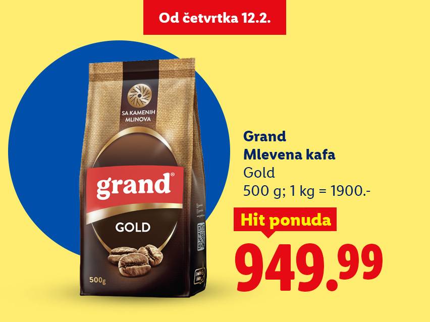 Pakovanje mlevene kafe od 500g na akciji, sa naznačenom cenom i informacijama o ponudi.