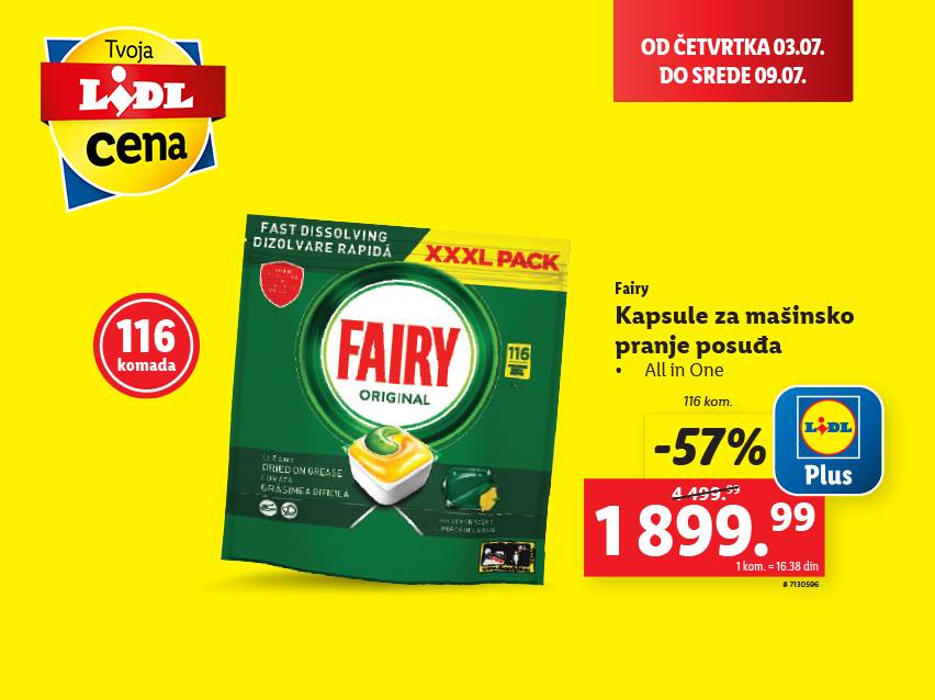 LIDL Plus akcija: Fairy Original kapsule za mašinsko pranje posuđa, 116 komada, -57%.