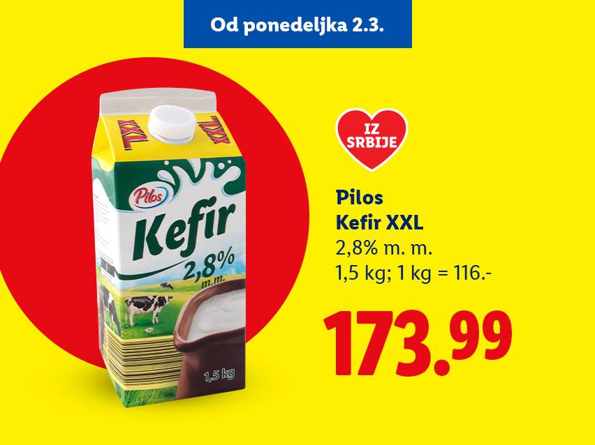 Kefir XXL 2,8% mlečne masti, 1,5 kg, po ceni od 173.99 dinara, dostupno od ponedeljka 2.3.
