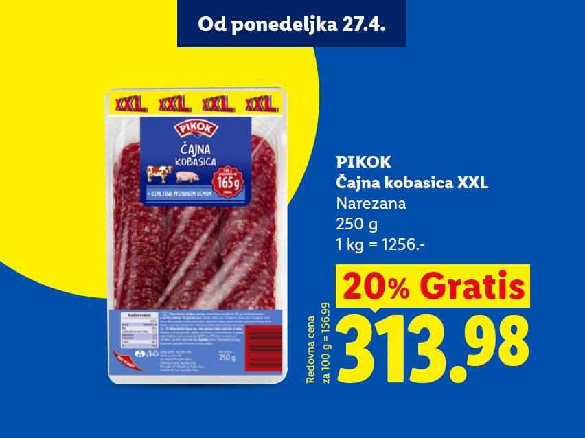Pakovanje narezane čajne kobasice XXL, 250g, sa 20% gratis i cenom od 313.98.
