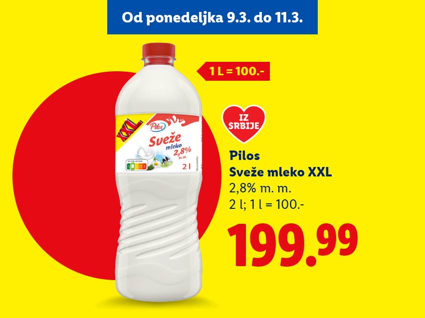 Ponuda svežeg mleka XXL pakovanja, 2,8% mlečne masti, 2 litre za 199.99 dinara.
