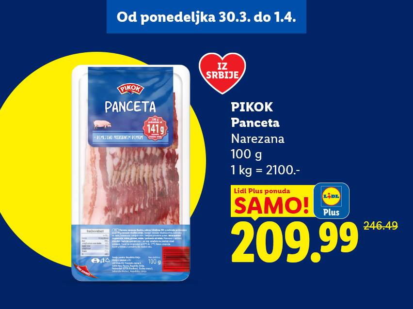 Pakovanje narezane pančete sa cenom i informacijama o ponudi.