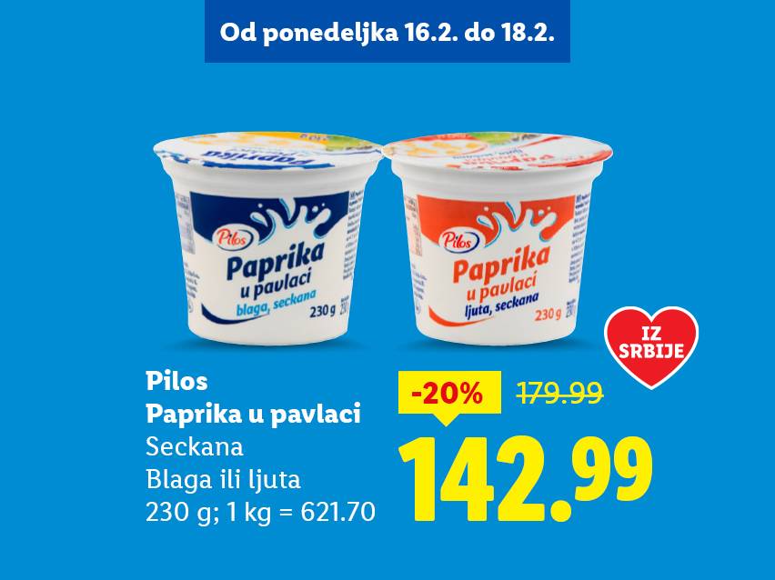 Dva pakovanja paprike u pavlaci (blaga i ljuta), sa popustom od 20% na 142.99.