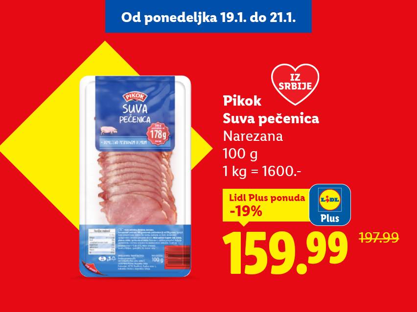 Lidl letak sa Pikok suvom pečenicom, narezanom, 100g, po ceni od 159.99 dinara.