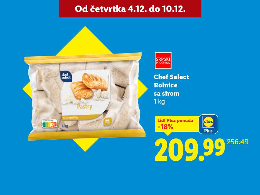 Lidl ponuda: Chef Select rolnice sa sirom, 1 kg, snižene 18% na 209.99 RSD.