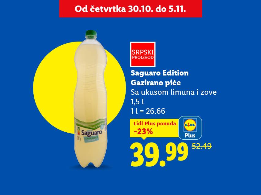 Saguaro Edition gazirano piće sa ukusom limuna i zove, 1.5L, na akciji u Lidlu.