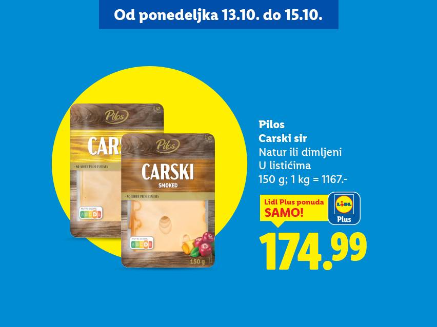 Pilos Carski sir, natur ili dimljeni, u listićima, 150g, po ceni od 174.99 dinara.