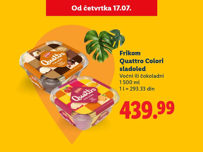 Frikom Quattro Colori sladoled, voćni ili čokoladni, 1500ml, 439.99 din.