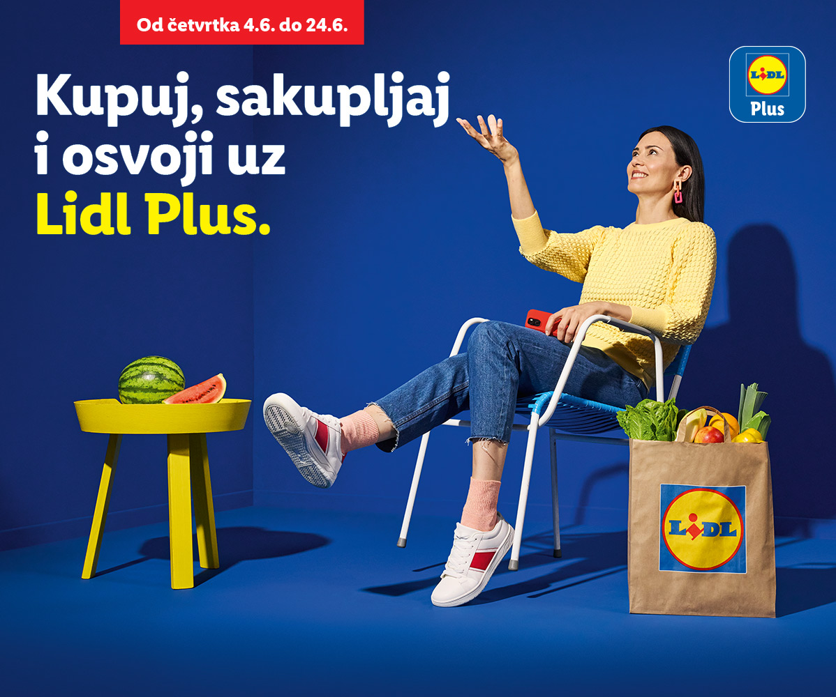 Žena sedi sa torbom punom namirnica i lubenicom, tekst: Kupuj, sakupljaj i osvoji uz Lidl Plus.