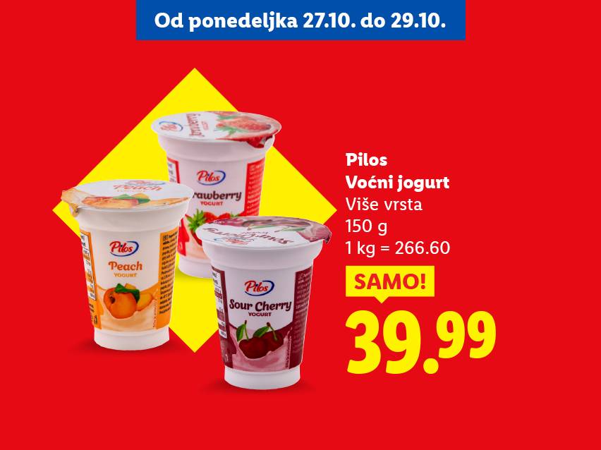 Pilos voćni jogurt (breskva, jagoda, višnja) 150g, po ceni od 39.99, akcija od 27.10. do 29.10.