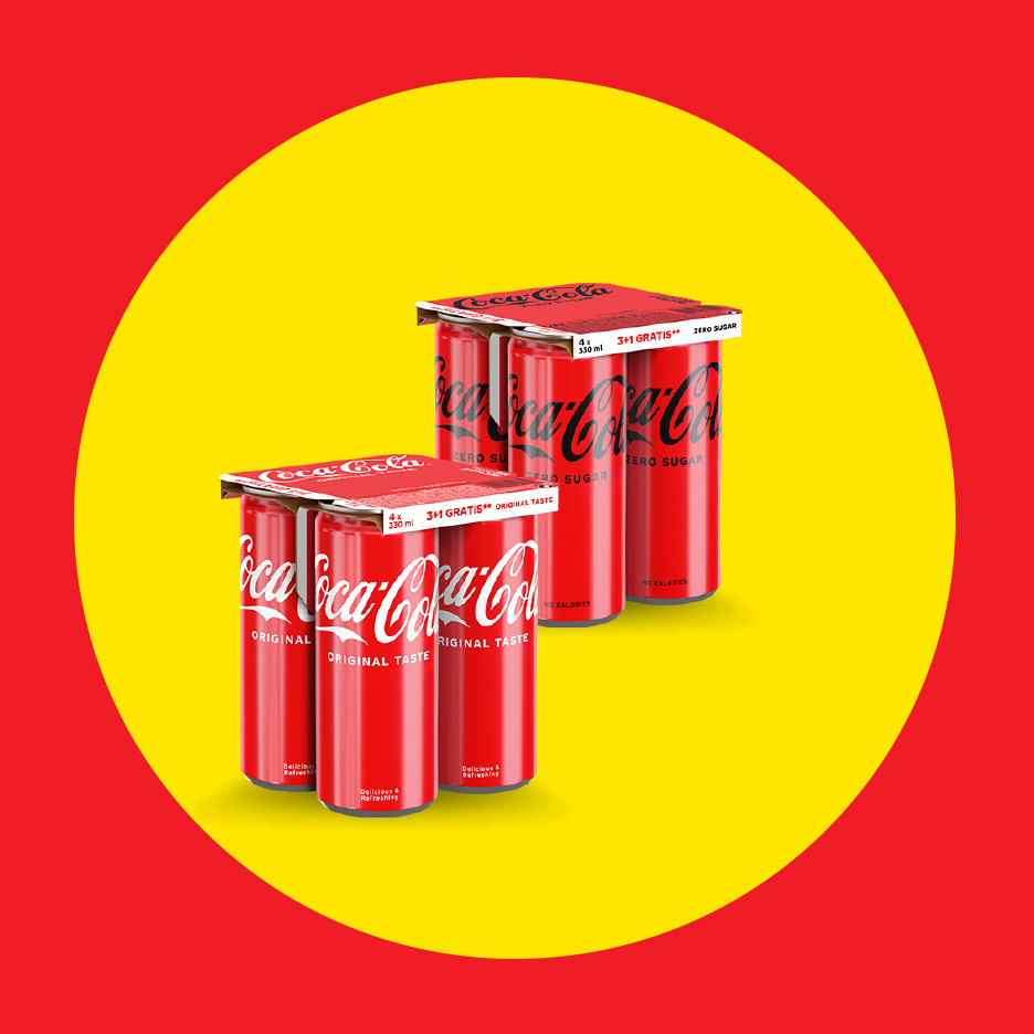 Dva pakovanja od četiri limenke gaziranog pića, jedno originalno, drugo bez šećera.