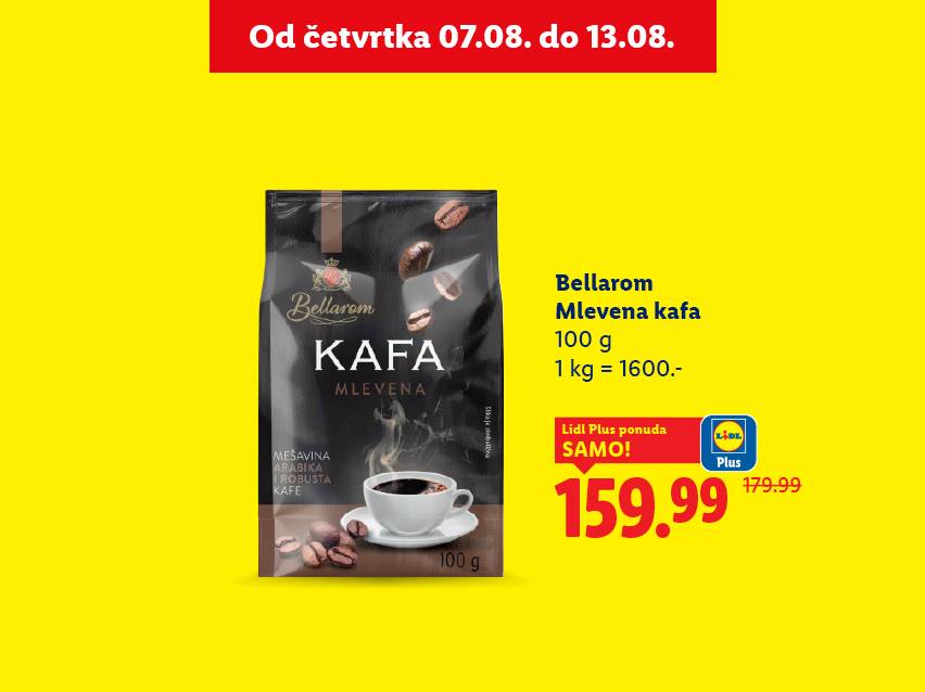 Reklama za mlevenu kafu Bellarom, 100g, po ceni od 159.99 dinara.