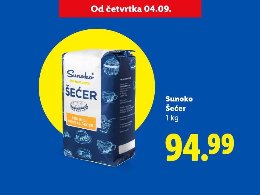Pakovanje Sunoko šećera od 1 kg sa cenom od 94.99, dostupno od četvrtka 04.09.