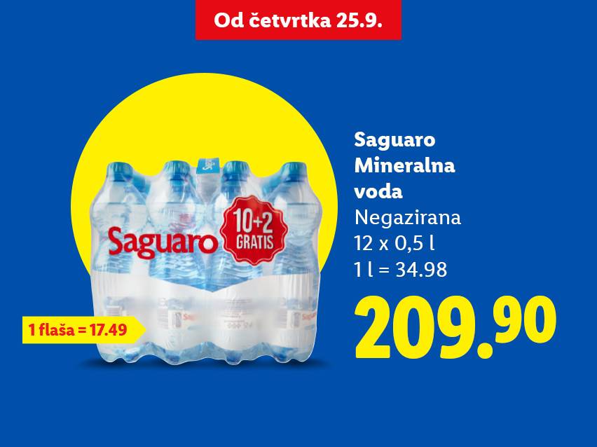Pakovanje Saguaro negazirane mineralne vode (12x0,5L) sa cenom i informacijama o promociji.