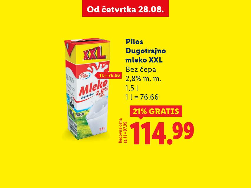 Pilos dugotrajno mleko XXL, 1,5 l, 2,8% m.m., po ceni od 114,99.