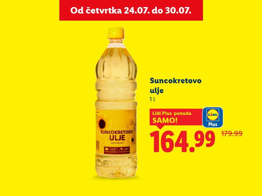 Lidl Plus ponuda: Suncokretovo ulje (1l) samo 164,99 din.