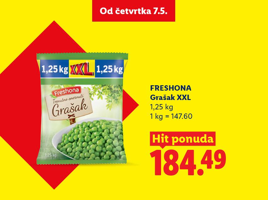 Pakovanje smrznutog graška od 1,25 kg, sa cenom od 184.49, dostupno od četvrtka 7.5.