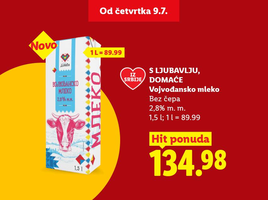 Reklama za mleko sa natpisom 'Novo' i cenom od 134.98.