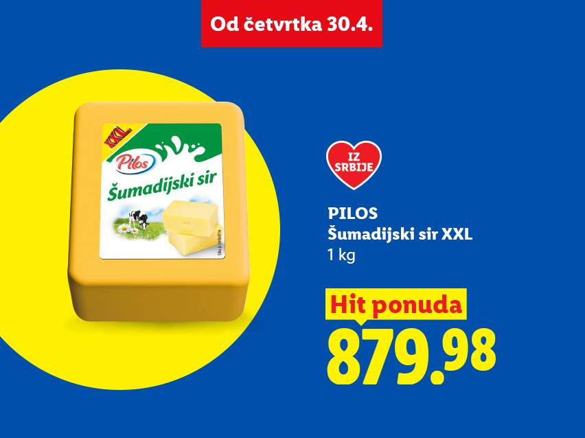 Žuti sir u pakovanju od 1 kg, sa natpisom 'Iz Srbije', cena 879.98.
