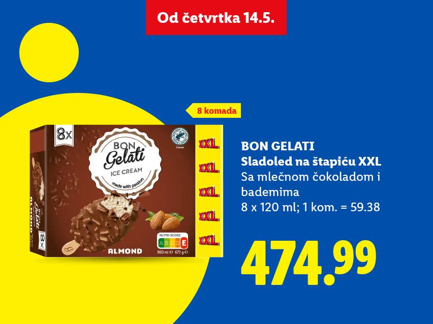 Pakovanje od 8 sladoleda na štapiću sa mlečnom čokoladom i bademima, cena 474.99.