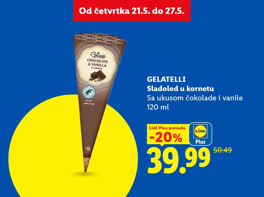 Reklama za sladoled u kornetu sa ukusom čokolade i vanile, 120 ml, snižen 20% na 39.99.