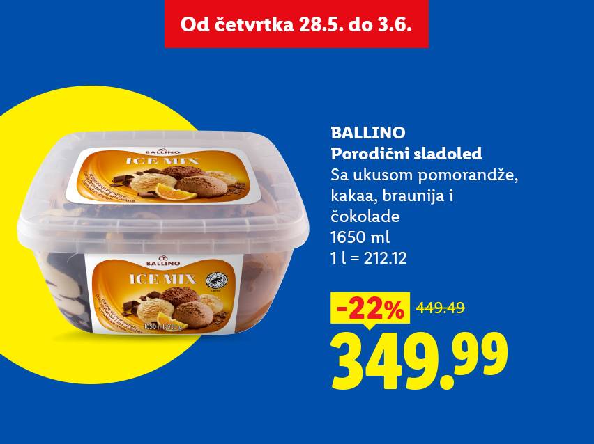 Porodični sladoled sa ukusom pomorandže, kakaa, braunija i čokolade, 1650 ml, snižen 22% na 349.99.