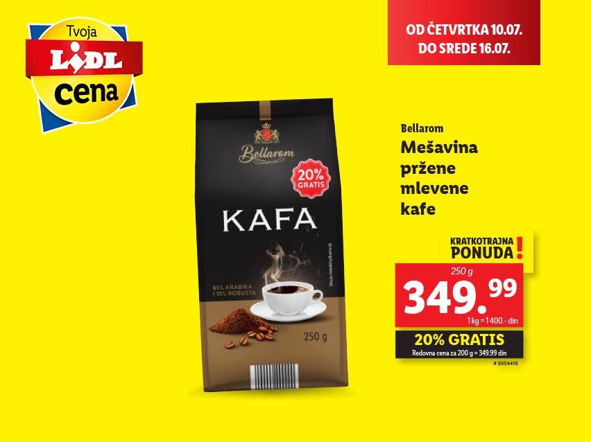 Lidl akcija: Bellarom mlevena kafa, 250g, 20% gratis.