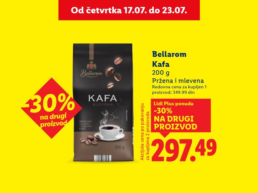Bellarom kafa (200g), pržena i mlevena, akcija -30% na drugi proizvod.