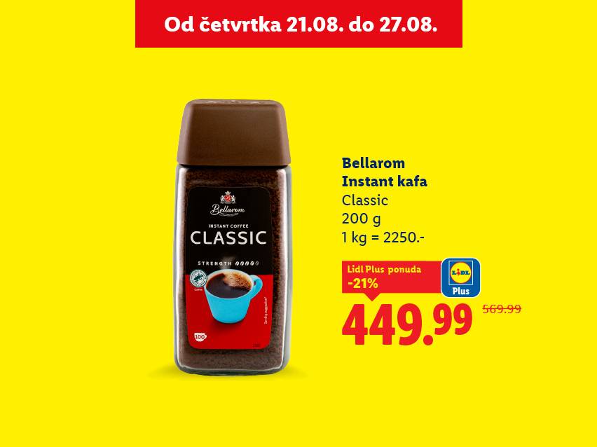 Bellarom instant kafa, Classic, 200g, sa cenom od 449.99 i popustom od 21%.