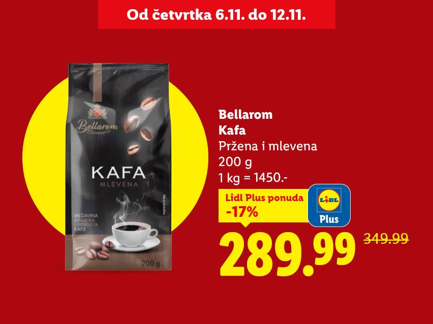 Bellarom mlevena kafa, 200g, na akciji sa Lidl Plus popustom od 17% za 289.99 RSD.