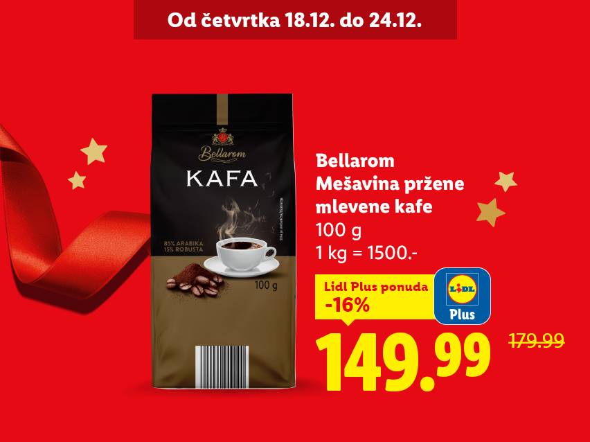 Bellarom mlevena kafa u pakovanju od 100g, sa popustom od 16% za Lidl Plus korisnike.