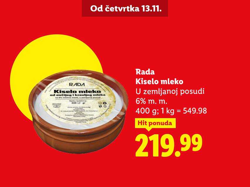 Rada kiselo mleko u zemljanoj posudi, 400g, 6% m.m., cena 219.99.