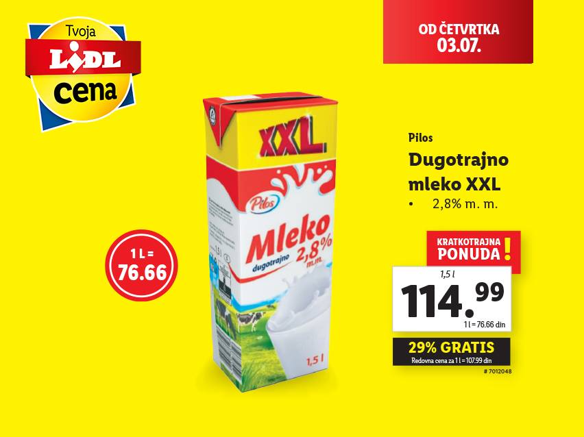Lidl-ova ponuda: Pilos dugotrajno mleko XXL, 1,5l za 114,99 din.