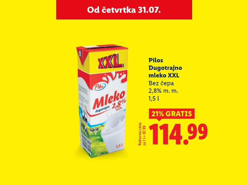 Pilots dugotrajno mleko XXL, 1,5l, 2,8% m.m., 21% gratis.