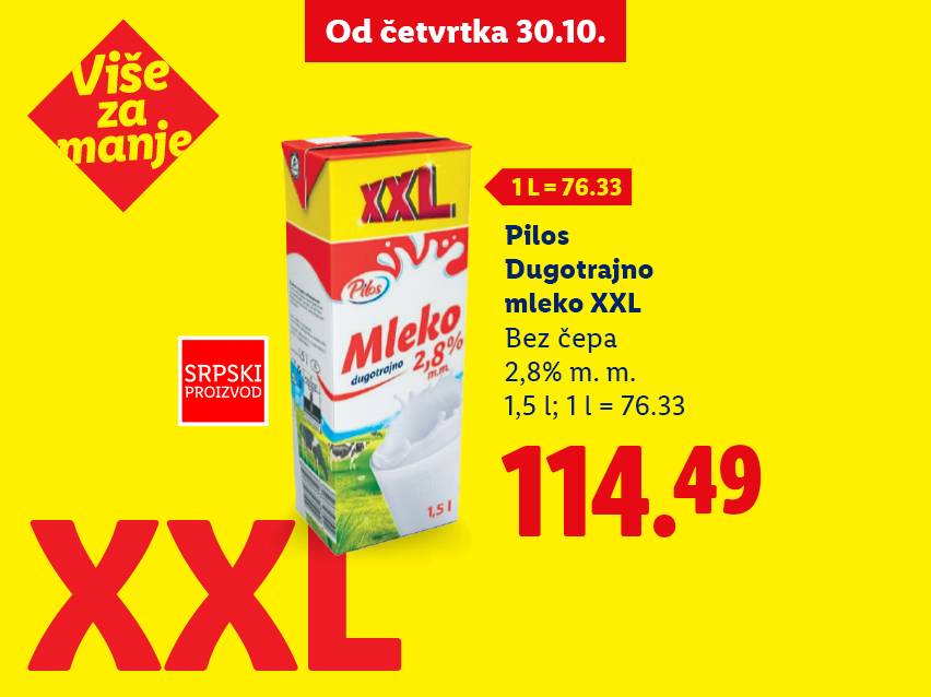 Pilos dugotrajno mleko XXL 2,8% m.m. u pakovanju od 1,5L, sa cenom 114.49 dinara.