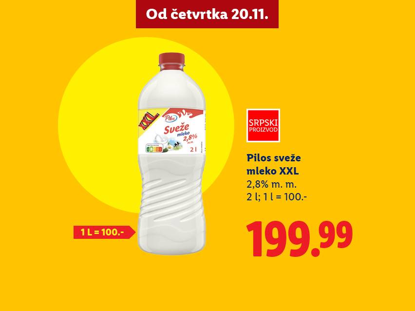 Pilos sveže mleko XXL 2,8% m.m., 2l, 1l = 100.-, cena 199.99 RSD.