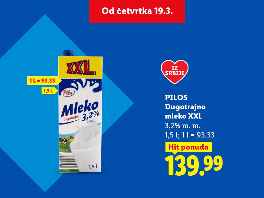 Pakovanje dugotrajnog mleka od 1,5L sa 3,2% mlečne masti, po ceni od 139,99 dinara.