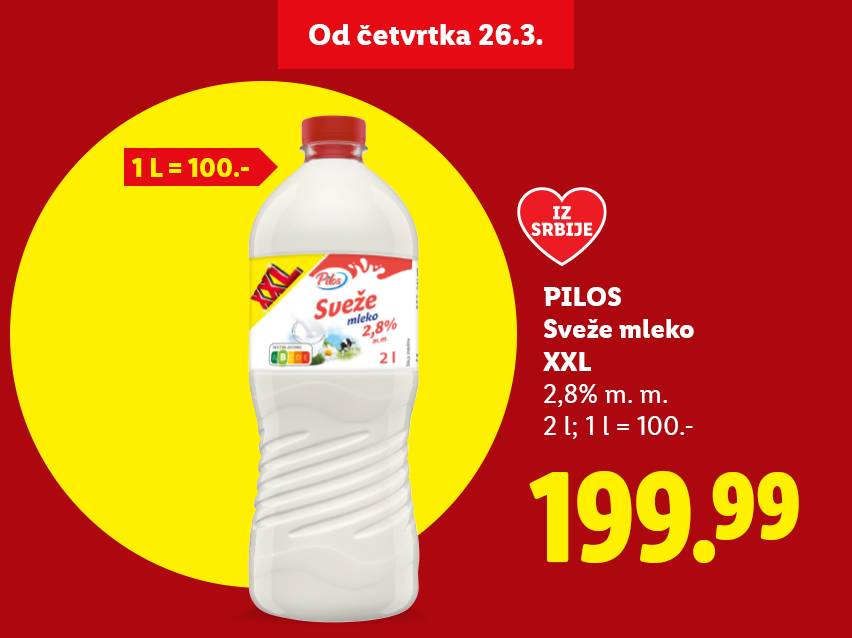 Reklama za mleko od 2 litre sa 2,8% mlečne masti, cena 199.99 dinara, od četvrtka 26.3.