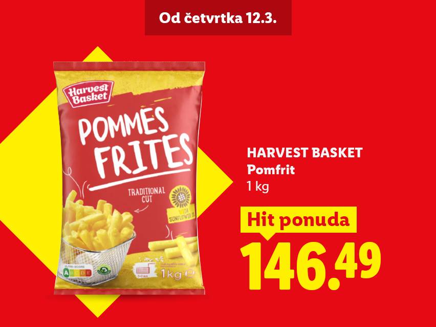 Pakovanje pomfrita od 1 kg sa natpisom „Hit ponuda“ i cenom 146.49, dostupno od četvrtka 12.3.