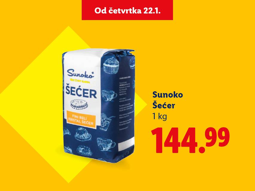 Pakovanje šećera od 1 kg, sa cenom 144.99, dostupno od četvrtka 22.1.