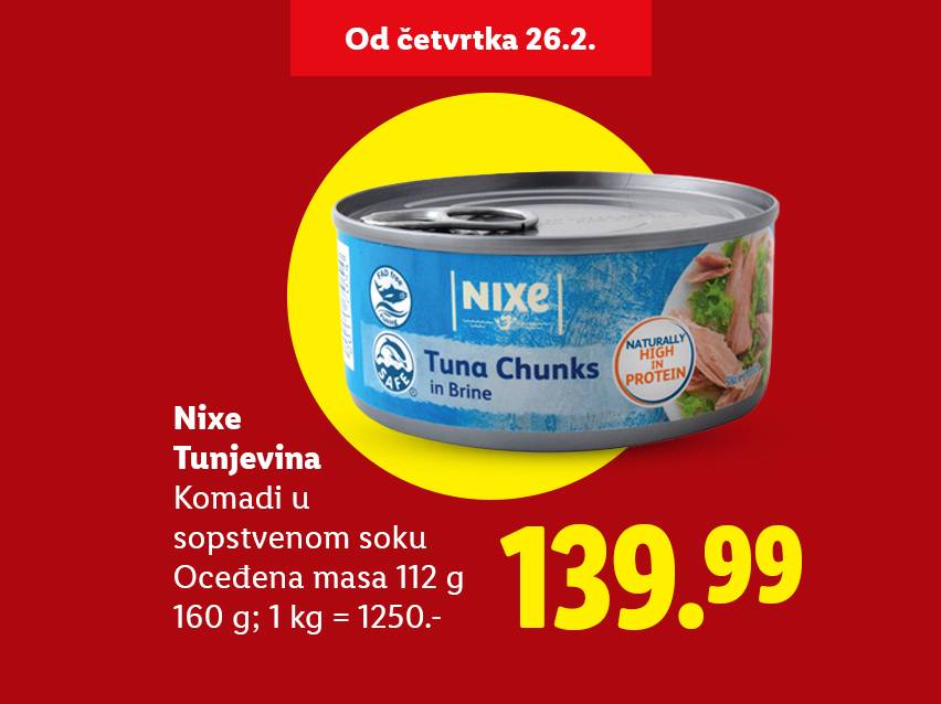 Reklama za komade tunjevine u sopstvenom soku, 160g, po ceni od 139.99, dostupno od četvrtka 26.2.